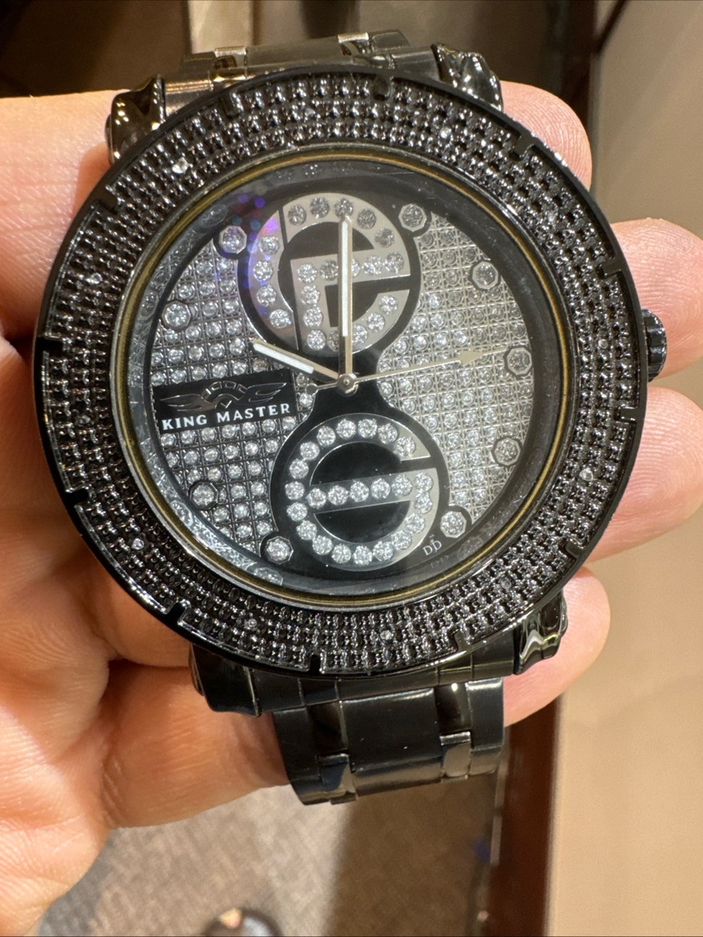 King Master Diamond Watch Black Tone Not Working Missing Links Preowned